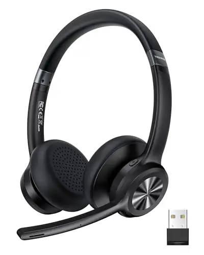 TechRise V5.2 Auriculares Inalámbricos Bluetooth Diadema con Micrófono USB Dongle, Cascos Cancelación de Ruido con Tecla de Silencio – 50 Horas de autonomía on Ear para callcenter y Oficina – Negro
