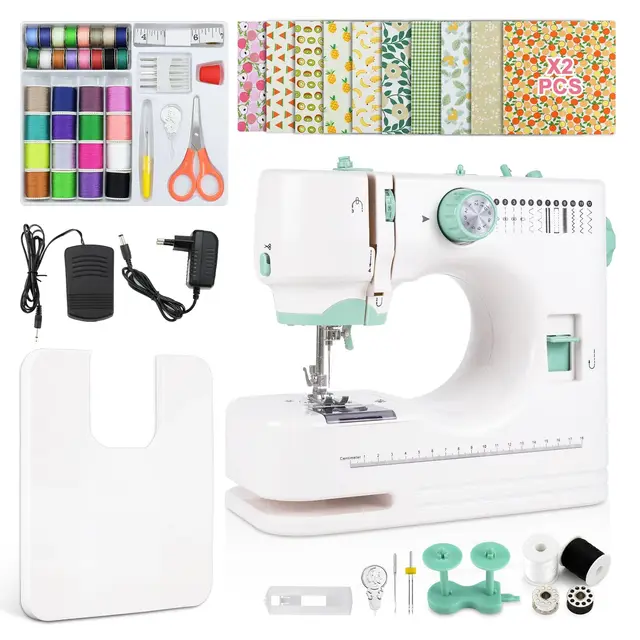 Máquina de Coser Eléctrica Portátil con Prensatelas de Aguja Doble Intercambiable, 12 Patrones + Control Velocidad, 20 Telas Florales (20x20 cm), Pedal y 60+ Accesorios para Principia