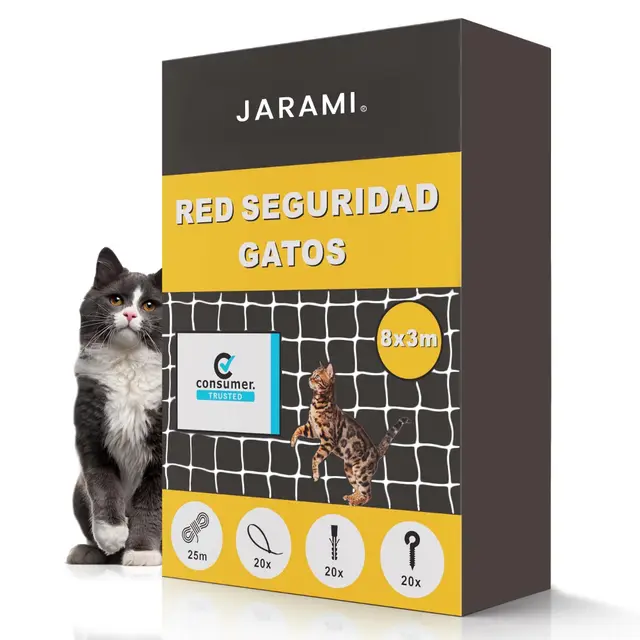 JARAMI - Red para Gatos terraza con Accesorios Incluidos - Red para Gatos Reforzada 8x3m - Malla Resistente y Duradera para Balcón, Terraza y Ventana - Malla Protectora Balcon.