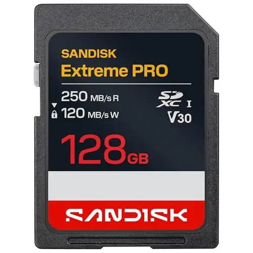 SANDISK Extreme Pro Tarjeta SD UHS-I de 128 GB (con hasta 250 MB/s de Velocidad de Lectura y 120 MB/s de Escritura, vídeos en 4K UHD, U3, V30) Memory Zone App