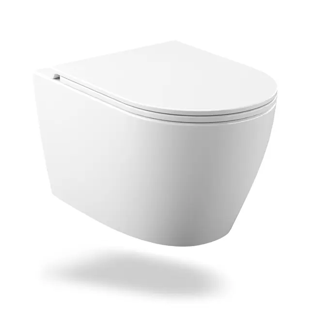 Inodoro sin bordes para colgar en la pared, cisterna súper vórtice, cerámica UF con tapa delgada y asiento de inodoro acolchado, 55,5 x 36 x 35 cm