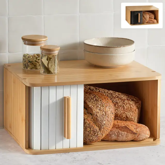 Panera de Madera Grande - Con Puerta Corredera – Panera Bambú FSC® para Guardar el Pan 40 x 28 cm – Ahorra Espacio - Elegante Para Una Frescura Prolongada - Blanco