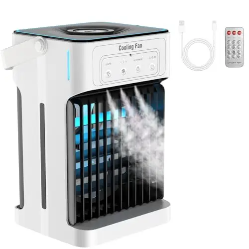 Mini Aire Acondicionado Portatil, Enfriador de Aire de 1100 ml, 3 Velocidades,3 Nebulización, 2-8H Cronometrado,7 LED Climatizador Portatil para Dormitorios,Oficinas(10W)