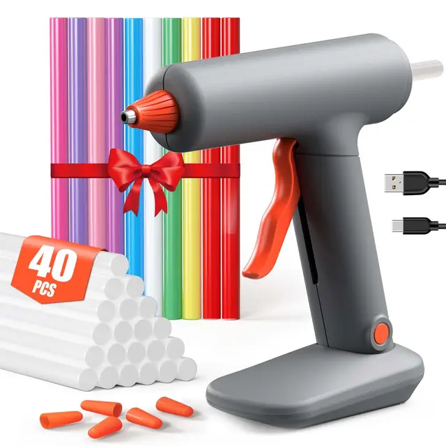 Pistola Silicona Caliente Inalambrica, VIWKO Pistola de Silicona Caliente, Calentamiento Rápido, Pistola de Pegamento Caliente de Batería 3000mAh con 40 Bastones de Pegamento Caliente 7mm
