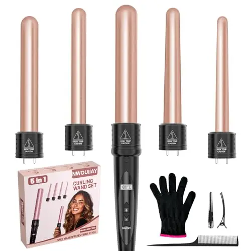 Rizador de Pelo 5 en 1 con Pantalla LCD Ondulador de Pelo Cerámico 9-32mm Tenacillas Pelo Calentamiento Rápido Temperatura Ajustable 80-230 °C con Guante Protector para Rizos Grandes y Pequeños