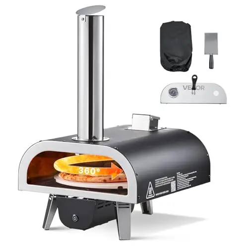 VEVOR Horno de Pizza Portátil para Exteriores, con Termómetro y Rotación Eléctrica, para Acampar en el Jardín, Patio, Piedra para Pizza, Bolsa de Transporte y Pala, Negro, 685 x 390 x 665 mm