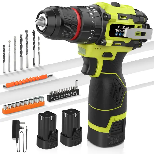 VOERJIA - Taladro atornillador inalámbrico sin escobillas 16,8 V, destornillador desatornillador con 2 x 2000 mAh, 50 Nm Max Taladro percusión, 20+3 pares, 2 velocidades, LED, portabrocas de 10 mm, 34