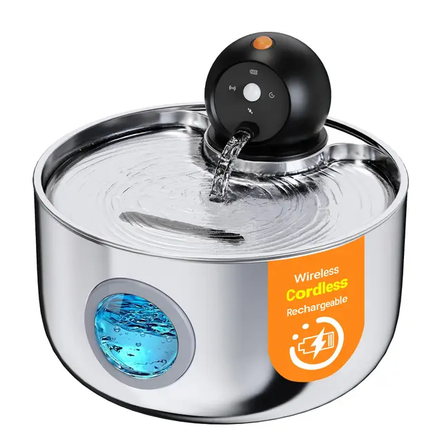 Fuente para Gatos sin Cable: Bebedero Gatos Automatico Acero Inoxidable con Sensor de Movimiento - 2.6L Fuente de Agua para Gato Inalambrica con Bateria Recargable - Dispensador Agua Perros