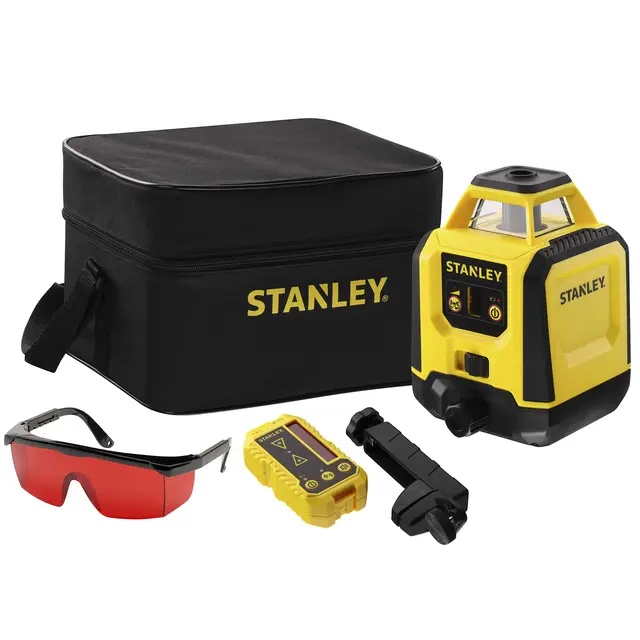 STANLEY Nivel láser Haz rojo 30m, Rotativo con Estuche y Accesorios Completos: Gafas, Objetivo, Detector y Soporte para una Precisión Profesional - Alcance 240 M (diámetro), STHT77616-0