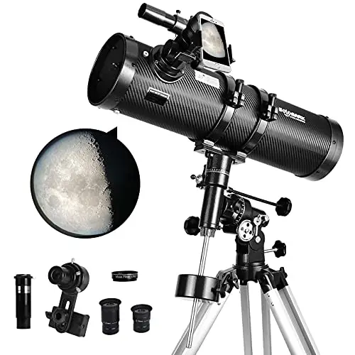 Telescopio 130EQ Newtonian Reflector Telescopios para Adultos, telescopios Profesionales para astronomía de Adultos, Viene con Adaptador de Lente Barlow 1.5X para Smartphone y Filtro de Luna 13% T