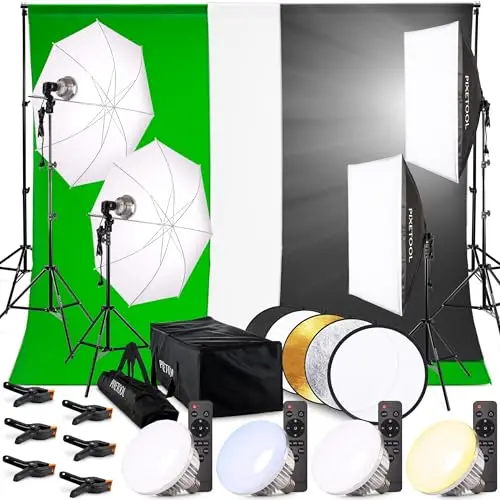 Kit de Fotografía – Fondo Fotografia – Green Screen – Soporte de Fondo – Fondos Fotografia Estudio - con 2 Softbox, Iluminación Continua, Bombillas, Sistema de Soporte