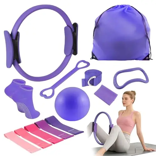 Juego de Anillo de Pilates-13 Piezas, con Aros de Pilates, Mini Pelota, Banda de Fitness, Bandas elásticas y Accesorios de Entrenamiento, Kit de Anillos de Pilates para Fitness