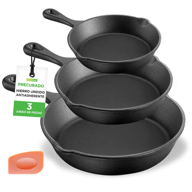 NutriChef sartenes de hierro fundido pre-sazonadas, set de 3 piezas, Boquilla antigoteo y raspador, Compatible con induccion, Estufa electrica, Gas y ceramica