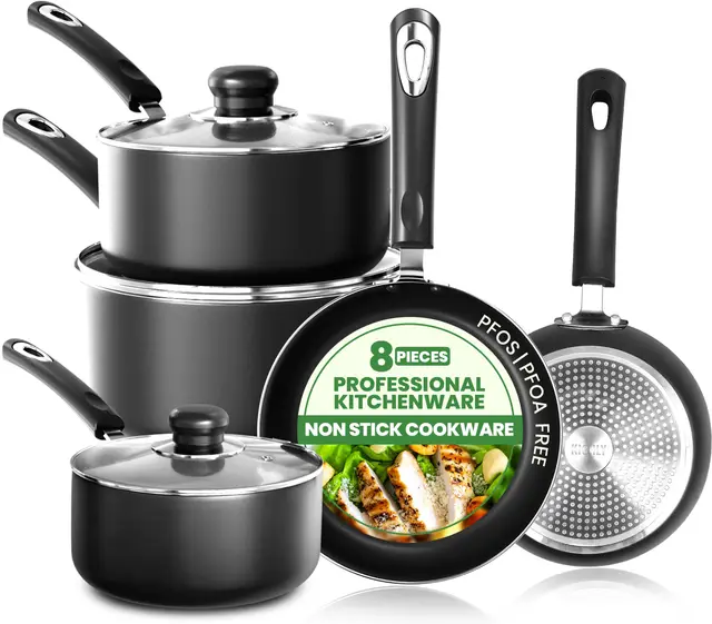 KICHLY Juego de ollas y sartenes antiadherentes 5 piezas, juego de cocina, sartenes de inducción de 20 cm, 28 cm, cacerolas con tapas 20 cm, 18 cm, cacerola sin inducción 16 cm, juego de ollas y