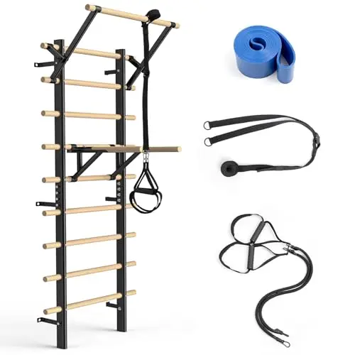 Barra de dominadas y barra de inmersión – 220 cm de madera de haya para montar en la pared – Carga máxima de 250 kg – Para entrenamiento de fuerza, calistenia y rehabilitación para adultos y niños