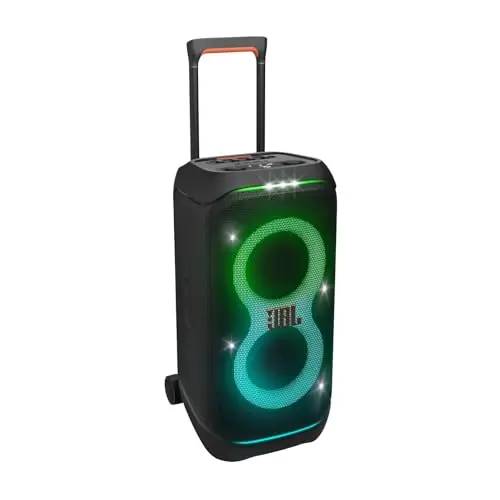 JBL Partybox Stage 320, Altavoz portátil para fiestas, con asa telescópica y ruedas, Bluetooth, espectáculo de luces, resistente a salpicaduras (IPX4), hasta 18h de reproducción, negro