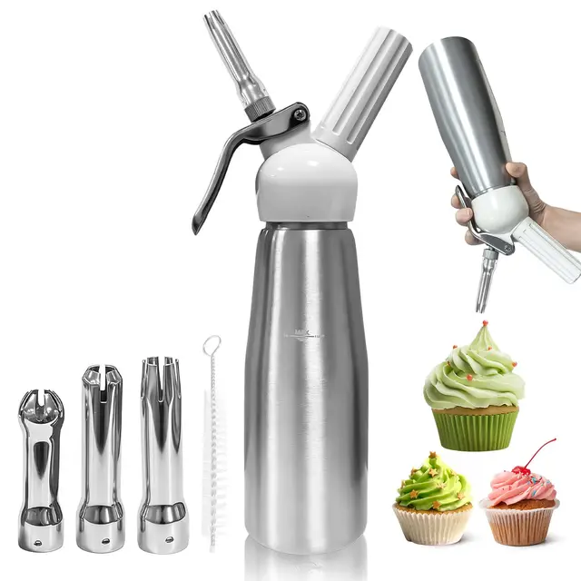 Sifon Cocina, para Nata Cocinar, Nata para Montar, Mousse, Pastel, Café, Postres, Sifón Cocina Nata, 500 mL, Acero Inoxidable de Grado Alimenticio, 3 Boquillas + 1 Cepillo Limpieza (A)