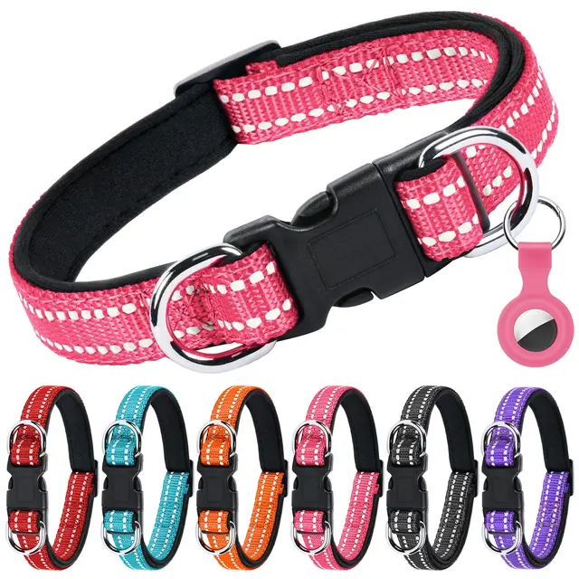 AUAUY Collar Perro Nylon Reflectante, Ajustable, Neopreno Forrado, Anillo Doble D y Hebilla de Liberación Rápida, para Perros Pequeños, Medianos y Grandes (Rosa Roja-S)