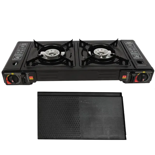 Hornillo de gas de 2 quemadores 2500W camping de 2 fuegos Cocina Portatil barbacoa de mesa con bandeja de barbacoa + maletín de almacenamiento de gas para camping, viajes y senderismo