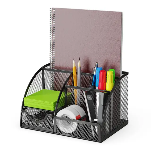 Detectalia Organizador de Escritorio y Portalápices con Cajón de Malla Metálica y 6 Compartimentos, Negro - Organizador Multiusos para Bolígrafos, Notas, Clips y Grapadoras, para Oficina y Hogar