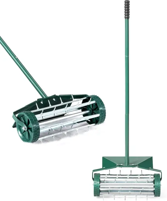 FANTASK Rodillo aireador de césped con Mango, Verde enrollador de Mano, Rollo de césped con Clavos de 3 cm y protección contra Salpicaduras, aireador Manual 46 x 23 x 127 cm