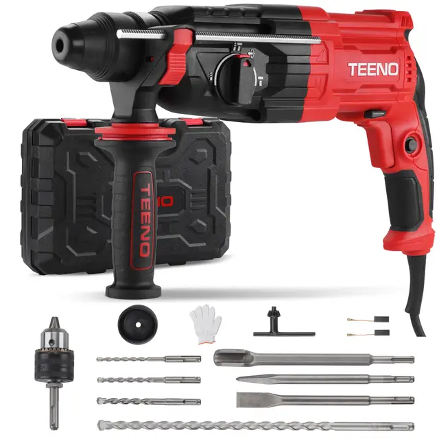 TEENO Taladro Percutor con Cable SDS Plus 950W y 17 Accesorios, Martillo perforador con 0-1150RPM/5100BPM con 4 Funciones y Embrague de Seguridad, Velocidad Variable, Hormigón, Acero, Madera