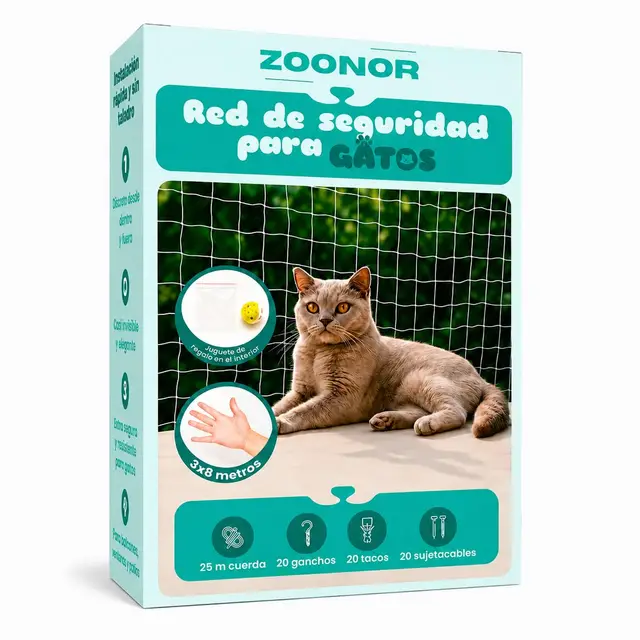 Red para Gatos Terraza Transparente 3x8m – Malla Protectora Balcón y Ventanas | Red Seguridad Gatos con Kit Fijación, Ganchos, Cuerda y Juguete | Resistente UV