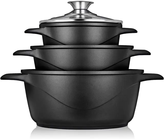 briebe Batería Cocina Inducción 6 Piezas, Juego 3 Ollas Aluminio Fundido, Antiadherente ILAG GRANITEC sin PFOA, Set Cazuelas Tapas Cristal, Guantes Silicona, Vitrocerámica, Gas, Horno, MGK-18