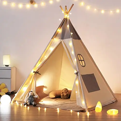 besrey Tipi Indio para Niños Tienda de Campaña Infantil Canvas Tipi algodón con Alfombra + Luces