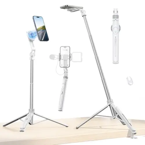 ULANZI TT88 145 cm Overhead Selfie Stick, Multifuncional magnético y de sujeción 2 en 1, Palo Selfie Trípode Blanco para Móvil y Cámara con Control Remoto