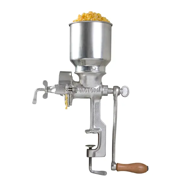 Victoria Molino Cereales Manual, Molinillo de Mano en Hierro Fundido para Moler Café, Maíz, Avena, Semillas, Grosor de Molienda Ajustable, Grain Grinder Tolva Alta con Abrazadera para Mesa