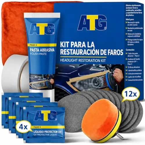 ATG® Kit restauración faros coche – Pulido rápido para ópticas opacas de plástico – Solución universal para mejorar visibilidad y brillo