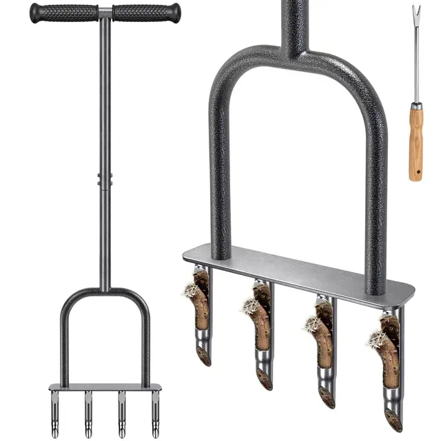 Dolibest Herramienta de aireador manual para césped, aireadores manuales de enchufe de patio con 4 tapones semiabiertos de acero inoxidable, herramienta de aireación manual premontada y herramienta de
