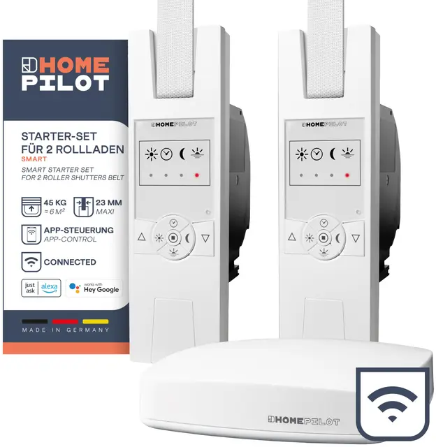 HOMEPILOT - Set inicio 2 persianas Smart | Fácil instalación, eficiencia energética y comodidad | Incluye: 1 Gateway Premium, 2 enrolladores RolloTron Classic Smart.