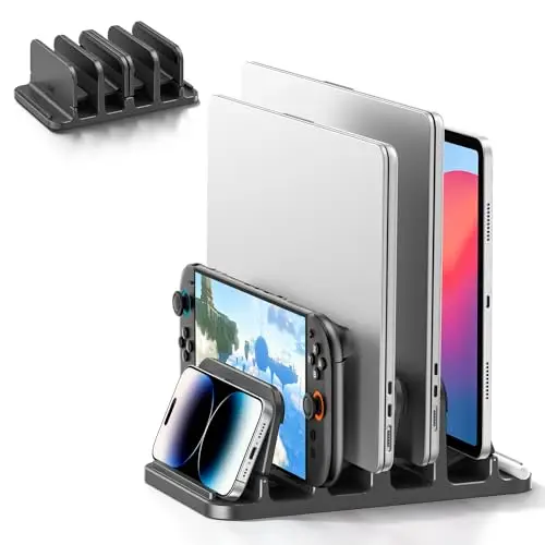 KDD Soporte Portatil Vertical con 4 Ranuras Bloqueo Gravedad, Ajustable Soporte Portatil Mesa & Soporte Ordenador Portátil 6 en 1 Ahorra Espacio para MacBook/Surface/Samsung/HP/DELL/iPad/Switch/Movil