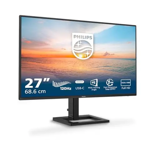 Philips 27E1N1300AM - Monitor FHD de 27 Pulgadas, Altura Regulable, Altavoces (1920x1080, 120 Hz, HDMI, USB-C (65W Power Delivery), Hub USB) Negro