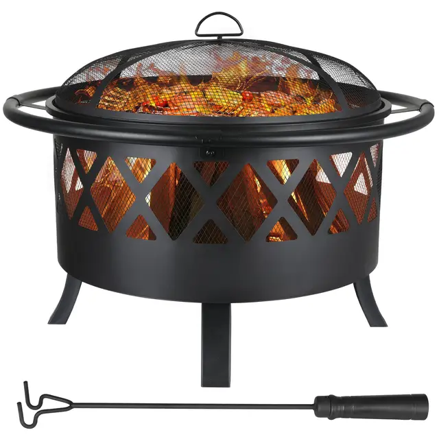 TLSUNNY Brasero Exterior Jardin, Ø81 cm Brasero con Protector Antichispas y Atizador, con Parrilla (Ø 58 cm), Fire Pit para Jardin y Terraza, Grande Estufa Exterior, Negro