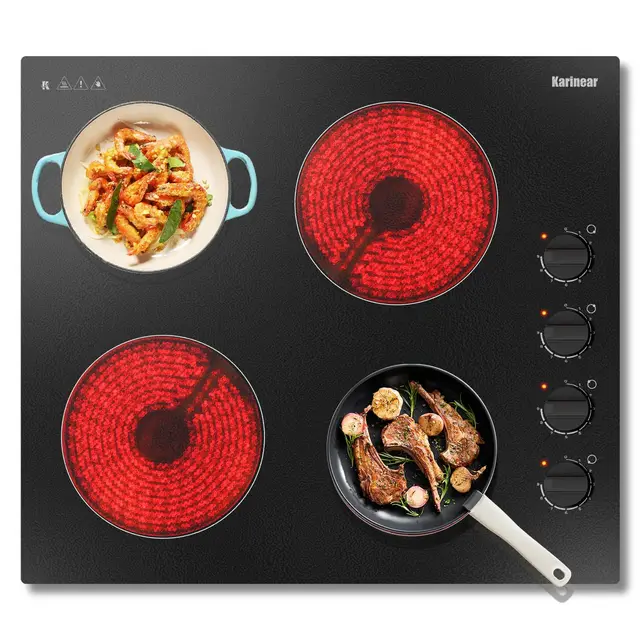 Karinear Placa Vitroceramica 4 Fuegos, Mando por Botón, Apagado Automático, Indicador de Calor Residual, sin Enchufe, Vitrocerámica 60 CM con Mandos, 220-240 V, 6000 W