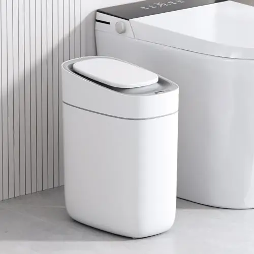 ELPHECO Bote de basura automático para baño con tapa, 2.5 galones, con sensor delgado, cubo de basura de plástico estrecho de 9 litros, contenedor de basura impermeable con sensor de movimiento para