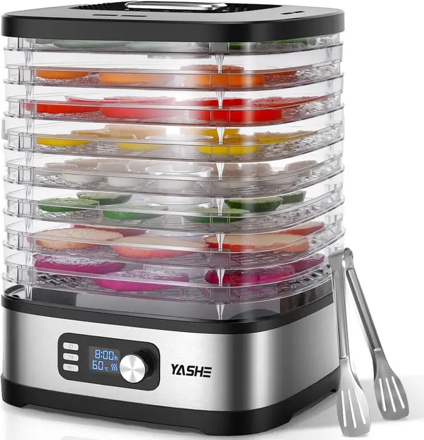 YASHE Deshidratador de Alimentos 8 Bandejas, Tiempo y Temperatura Ajustables 72H, Incluye Rejillas de Malla, Bandeja de Fruta y Pinzas de Acero Inoxidable para Jerky, Frutas, Verduras, Carne, Sin BPA