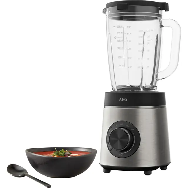 AEG TB6-1-6ST - Batidora de Vaso, Potencia 1400W, Jarra de Vidrio 1.75L, Sin BPA, 6 Cuchillas Revestidas de Titanio, 3 Programas Predefinidos, Apta Lavavajillas, Licuadora de Acero Inoxidable
