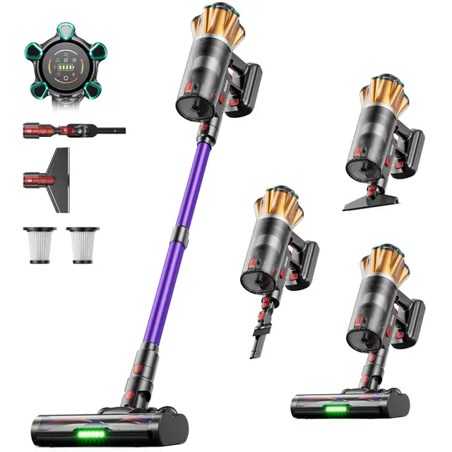 Aspiradora sin Cable 55KPa/650W/70Min, Escoba Aspiradora de 1,8L, Aspirador Vertical Anti-Enredo/Pantalla LED/8 Etapas de Filtración para alfombras, Pelo de Mascotas, Suelos Duros y vehículos