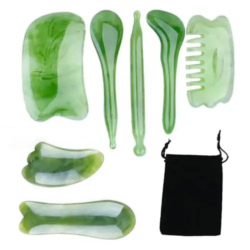 7 Piezas Gua Sha Herramienta de Masaje Set, Hand Made Guasha Consiglio, Verde Resina Accesorios de Gua Sha