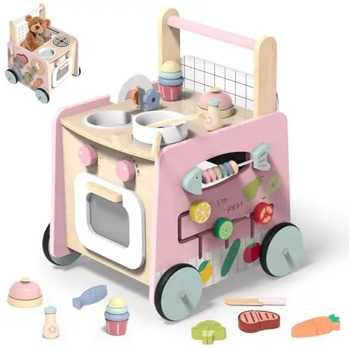 Andador Madera Bebé, 9 en 1 Andadores para Bebes con Juguetes Montessori y Cocina de Juegos, Caminador Bebé, Juguetes para Bebés de 1 Año, Regalos para Niños y Niñas