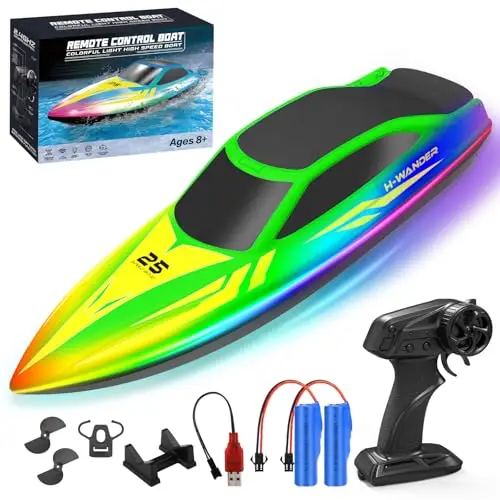 WUQNGI Barco Teledirigido Profesional con Luces LED de 7 Modos, Lancha Teledirigida de Alta Velocidad para Niños y Adultos, Barco RC para Piscina y Lago, 2 Baterías 120 Min, 2.4GHz, Autoadrizable