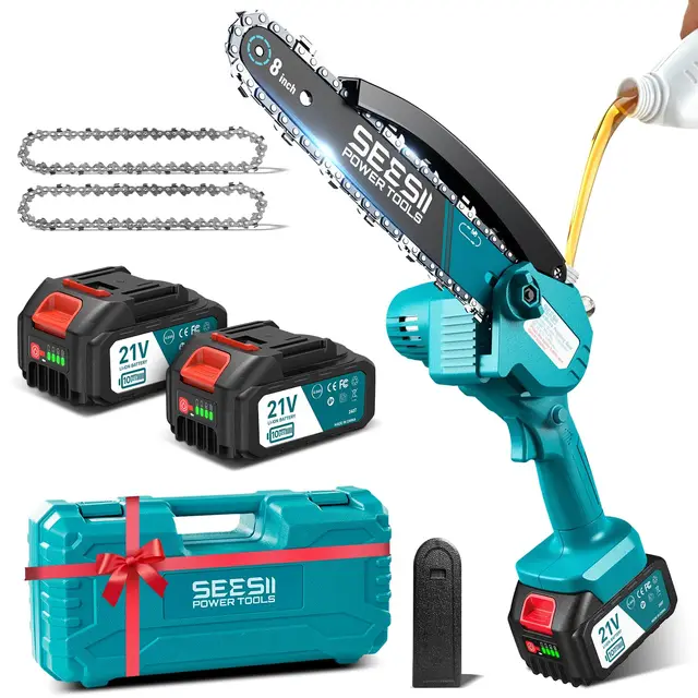 SEESII 8 pulgadas Mini motosierra de batería 2x4000mAh, motosierra eléctrica inalámbrica con inyector lubricante y cadena de repuesto, mini motosierra eléctrica para jardín, CH820+