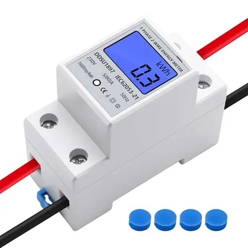 Contador de Energía Eléctrica, Medidor de Consumo Eléctrico, mide el consumo monofásico Contador de Corriente con Guía DIN Pantalla LCD, 230V 5 (80) A 50Hz 1 Fase