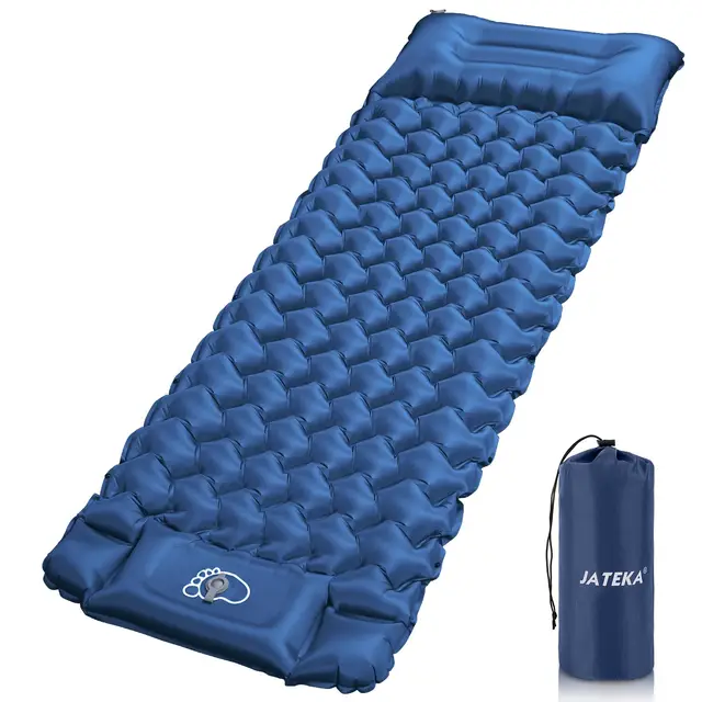 JATEKA Esterilla Camping Inflable, Colchoneta Camping Individual con Bomba de Pie, Esterilla Hinchable con Almohada, Colchón Aire Ultraligero Compacto Camp Viaje Playa Azul Gris