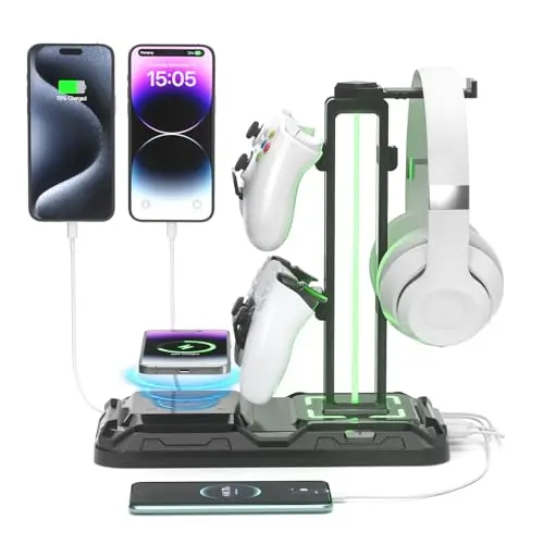 KDD LED Soporte Auriculares Gaming con Carga Inalámbrica, Soporte Mando PS5 & Soporte Cascos Universal con 2 Puertos USB & Tipo C & 9 Modos Luz para Escritorio Xbox Nintendo Accesorios Gaming, Negro
