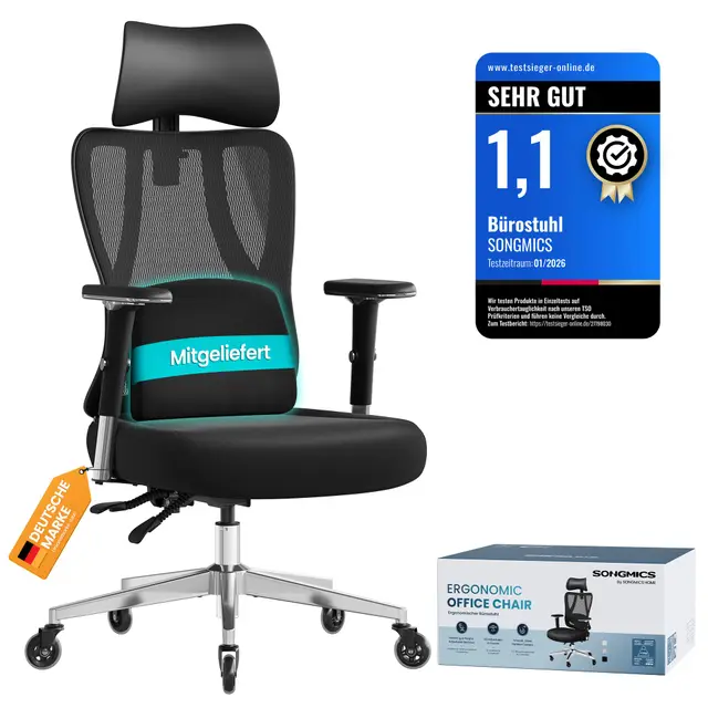 SONGMICS Silla de Oficina Ergonómica, Silla de Escritorio Gaming, Soporte Lumbar y Reposacabezas Ajustables, Reposabrazos, para Distintas Alturas, Carga 150 kg, Negro Tinta OBN067BH01